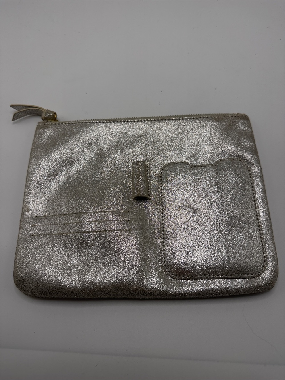 Anthropologie Metallic Silver Tablet Sleeve Leather Pouch with Card Phone Slots